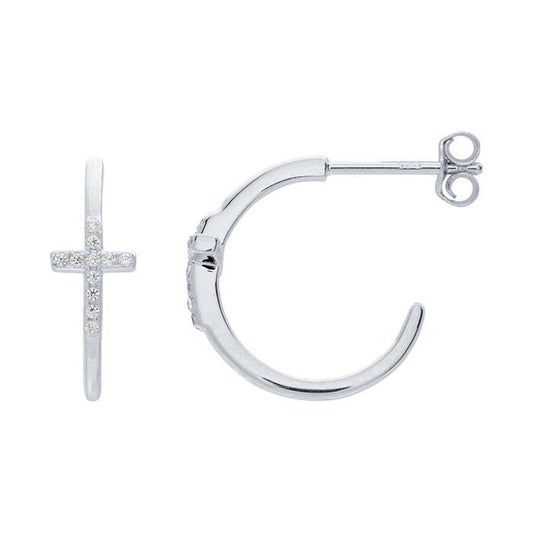 Sterling Silver CZ-Set Cross Hoop Post Earrings