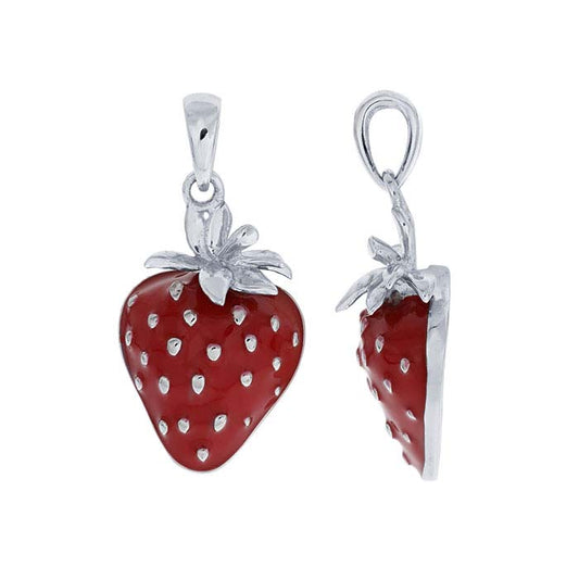 Sterling Silver CZ-Set Red Enamel Strawberry Pendant