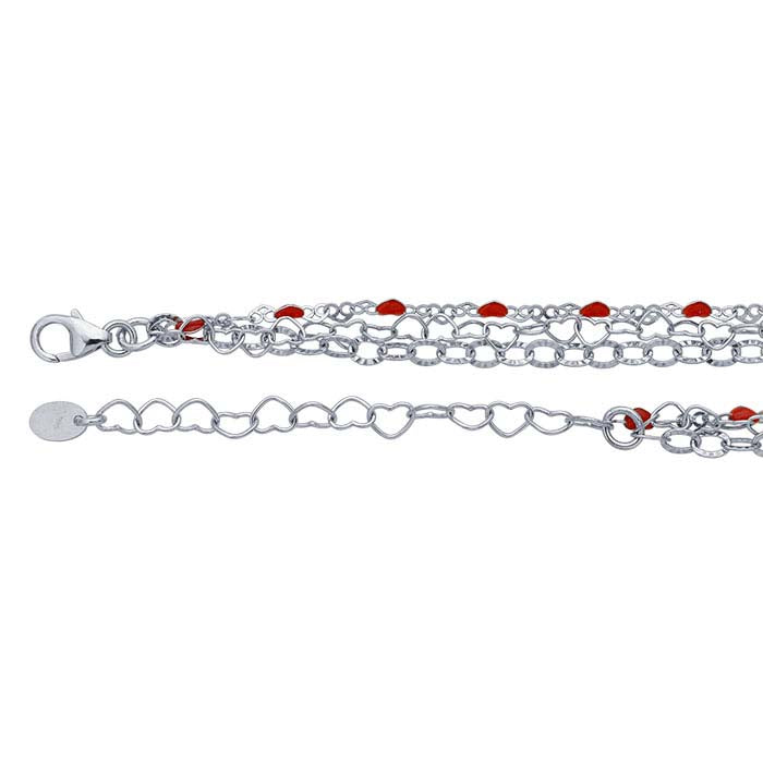Sterling Silver Three-Strand Red Heart Necklace