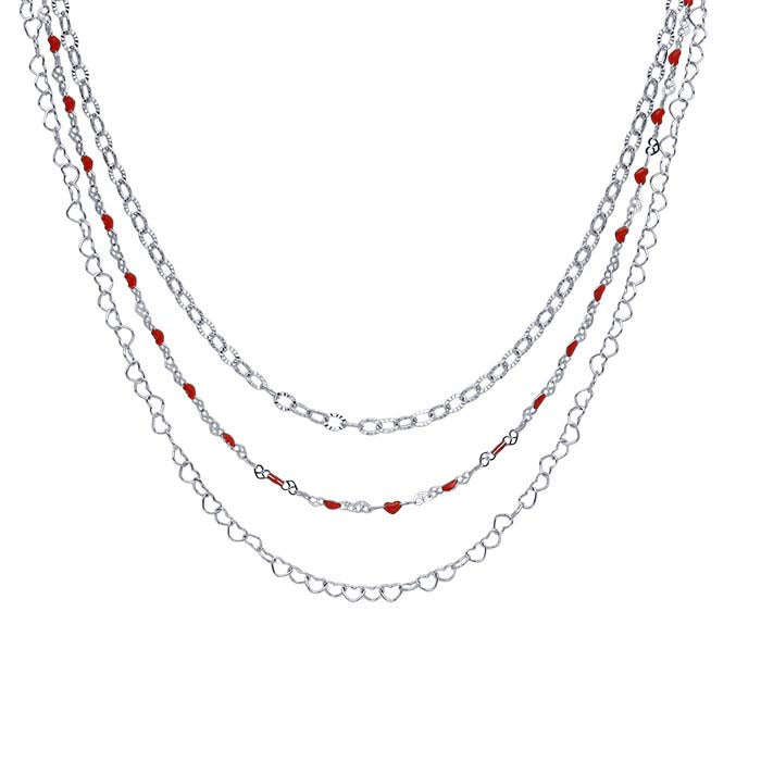 Sterling Silver Three-Strand Red Heart Necklace