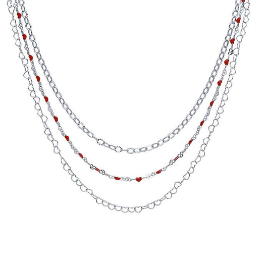 Sterling Silver Three-Strand Red Heart Necklace