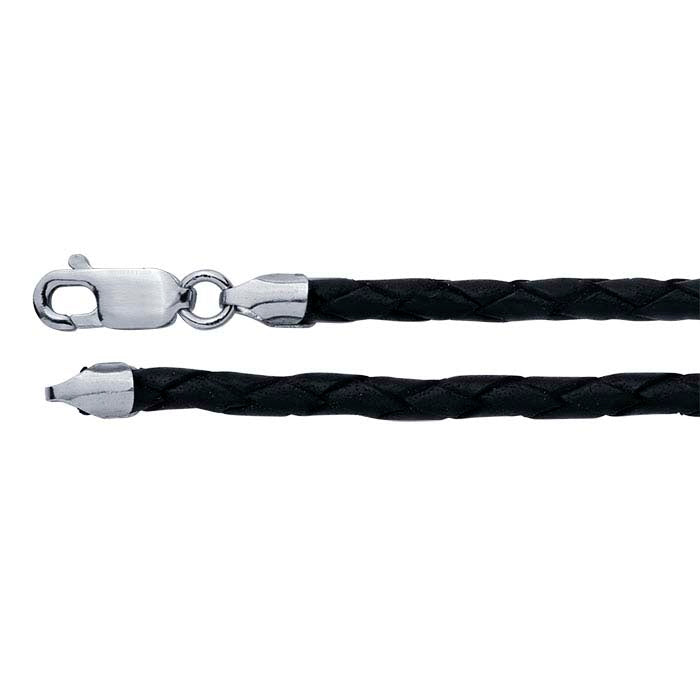 Black Leather 3mm Braided Cord Necklace with Rhodium-Plated Sterling Silver Clasp
