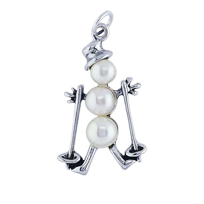 Sterling Silver Freshwater Pearl Snowman on Skis Pendant