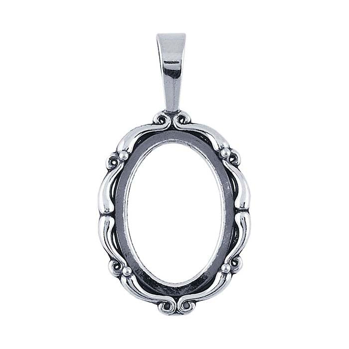 Sterling Silver 18 x 13mm Oval Scroll Cabochon Pendant Mounting