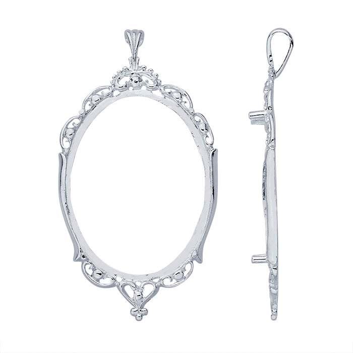 Sterling Silver 40 x 30mm Oval Victorian Cabochon Pendant Mounting