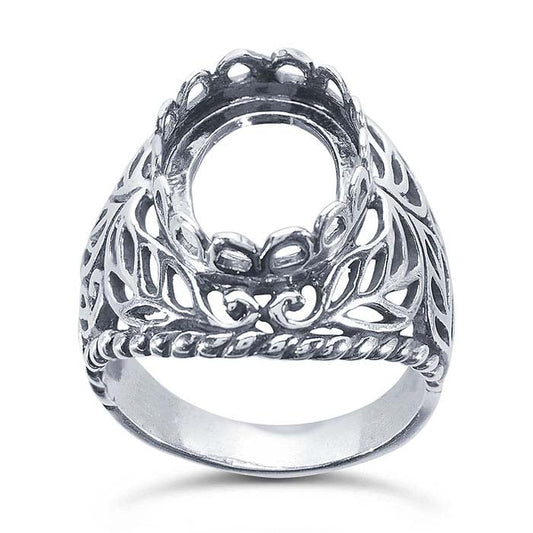 Sterling Silver Leaf Filigree 16 x Oval Cabochon Ring Mounting