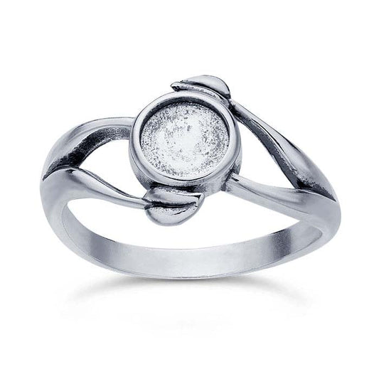 Sterling Silver Leaf Accent Split-Shank 6mm Round Cabochon Ring Mounting