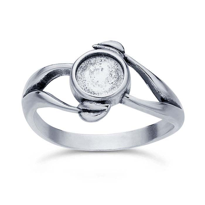 Sterling Silver Leaf Accent Split-Shank 6mm Round Cabochon Ring Mounting
