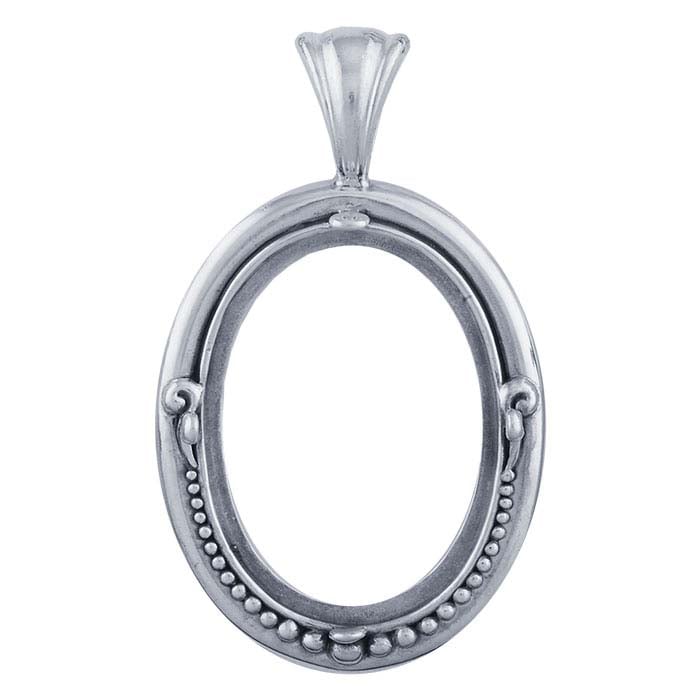 Sterling Silver 30 x 22mm Beaded Oval Cameo or Cabochon Pendant Mounting
