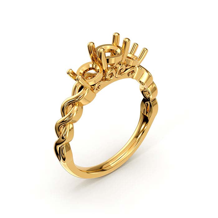 14K Yellow Gold Round Three Stone Ring Mounting
