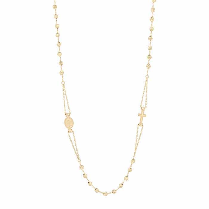 14K Yellow Gold Rosary Necklace with Cross and Mary Medal